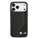 BMW iPhone 17 Pro Max Backcover hoesje - PU Leather & Carbon Case With Red Line Stitch - Zwart - Afbeelding 3