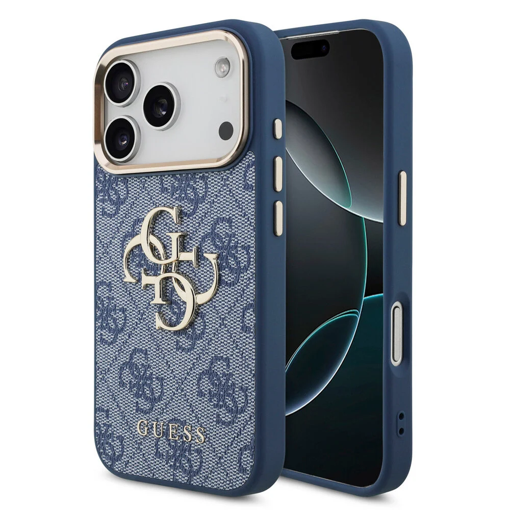 guess-guess-iphone-17-pro-backcover-hoesje-4g-big-21.webp Guess iPhone 17 Pro Backcover hoesje - 4G - Big Metal Logo - Gold Edge - Blauw - Image 1