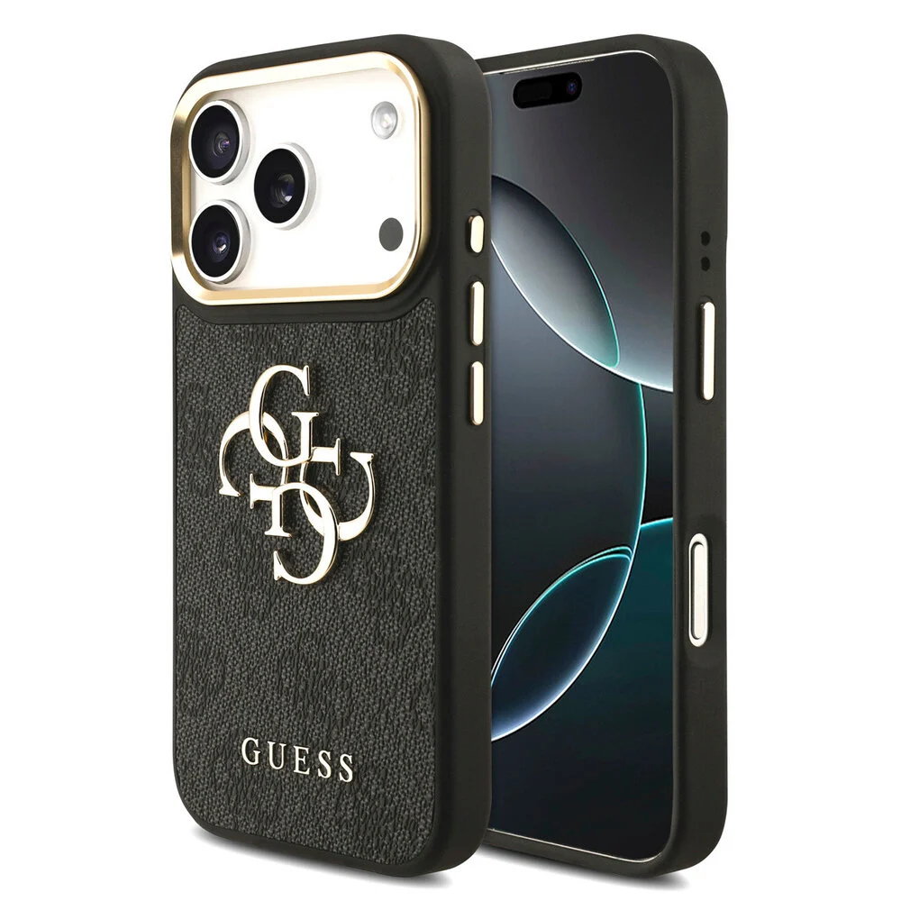 guess-guess-iphone-17-pro-backcover-hoesje-4g-big-7-1.webp Guess iPhone 17 Pro Backcover hoesje - 4G - Big Metal Logo - Gold Edge - Zwart - Image 1