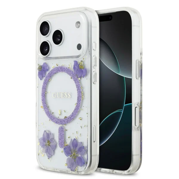 Guess iPhone 17 Pro hoesje MagSafe bloemen paars