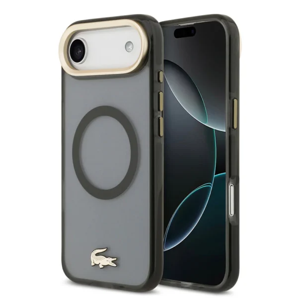 Lacoste iPhone 17 Air Backcover hoesje - MagSafe - Transparent Case With Frosted Finish - Gold Edge - Zwart