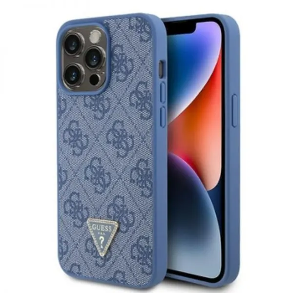 product-90581-600x600-1.webp APPLE iPhone 15 Pro Max ORIGINELE CASE GUESS – HARDCASE LEDER 4G DIAMANT DRIEHOEK BLAUW HOESJE - Image 1